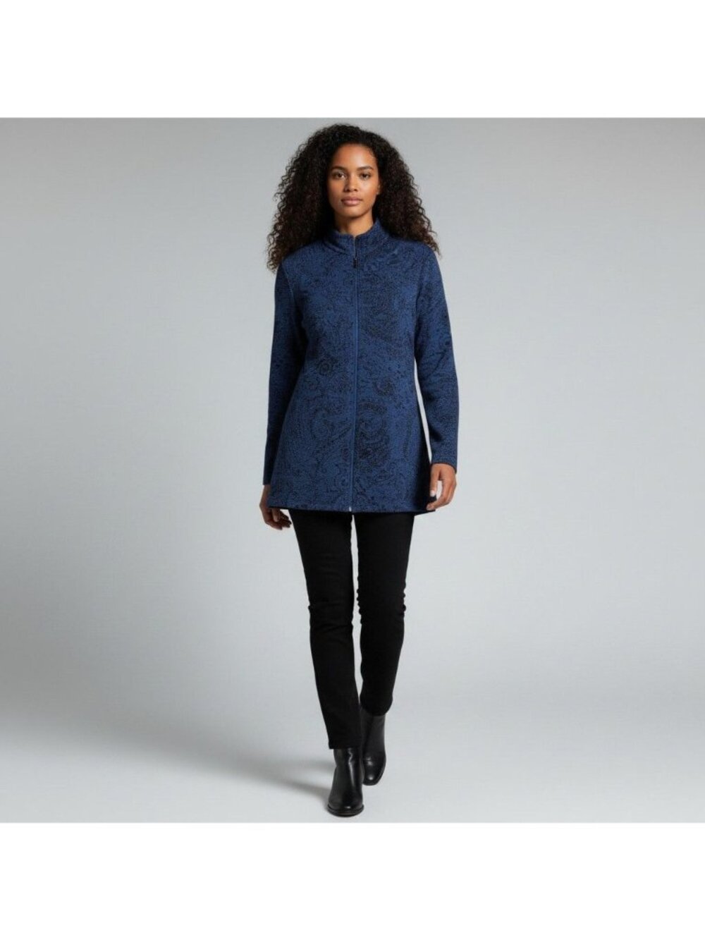 Chicos Travelers Navy Blue Paisley Zip-Up Stretch Jacket Womens Size L Long Slee